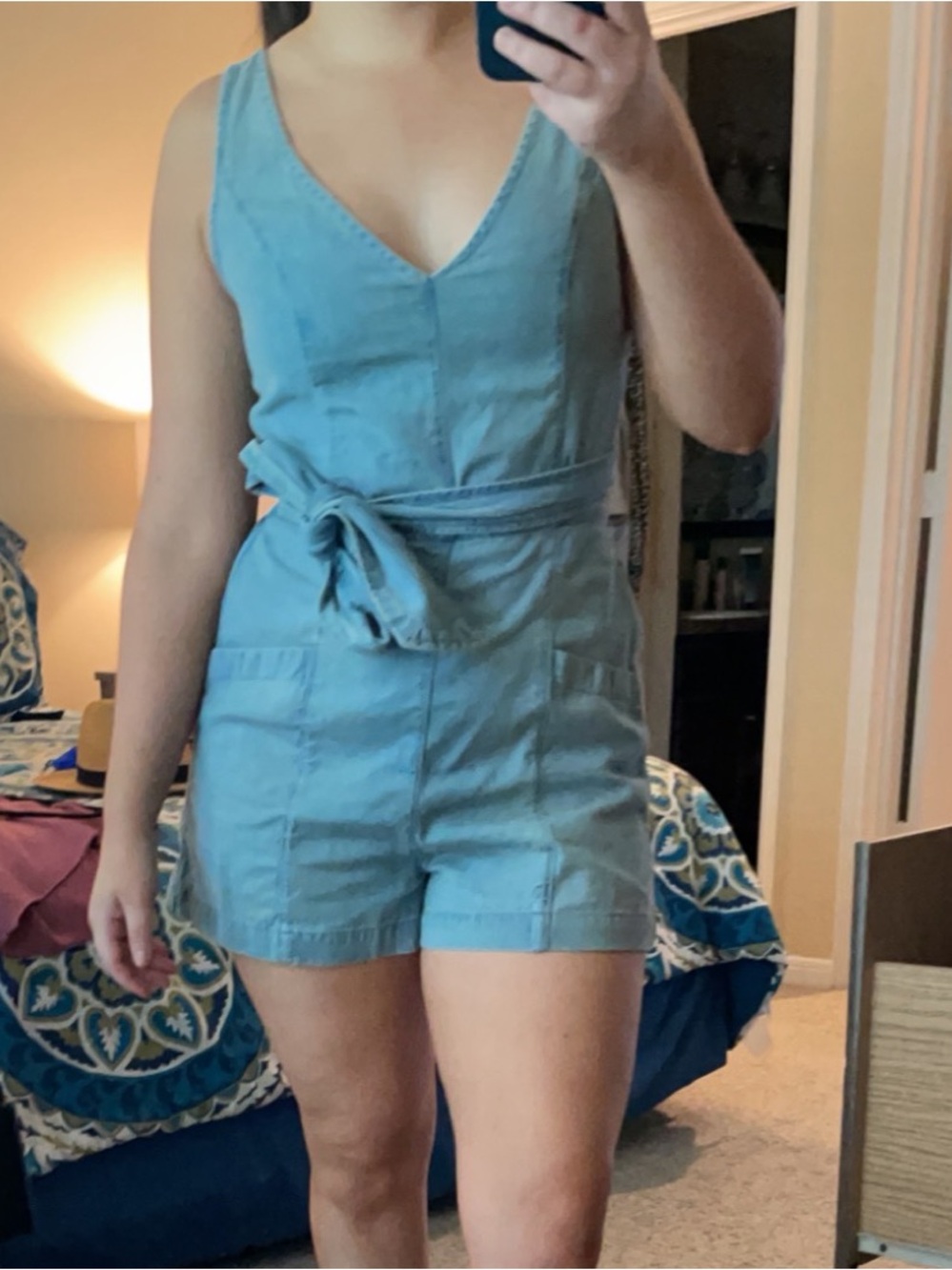 aerie Light Blue Denim Wrap Dress with Tie Waist